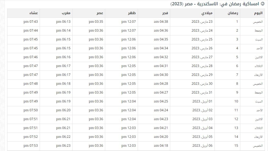 امساكية رمضان 2023 في الاسكندرية